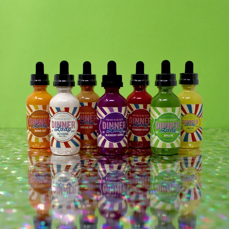 Row of colorful e-liquid bottles lined up on a holographic surface